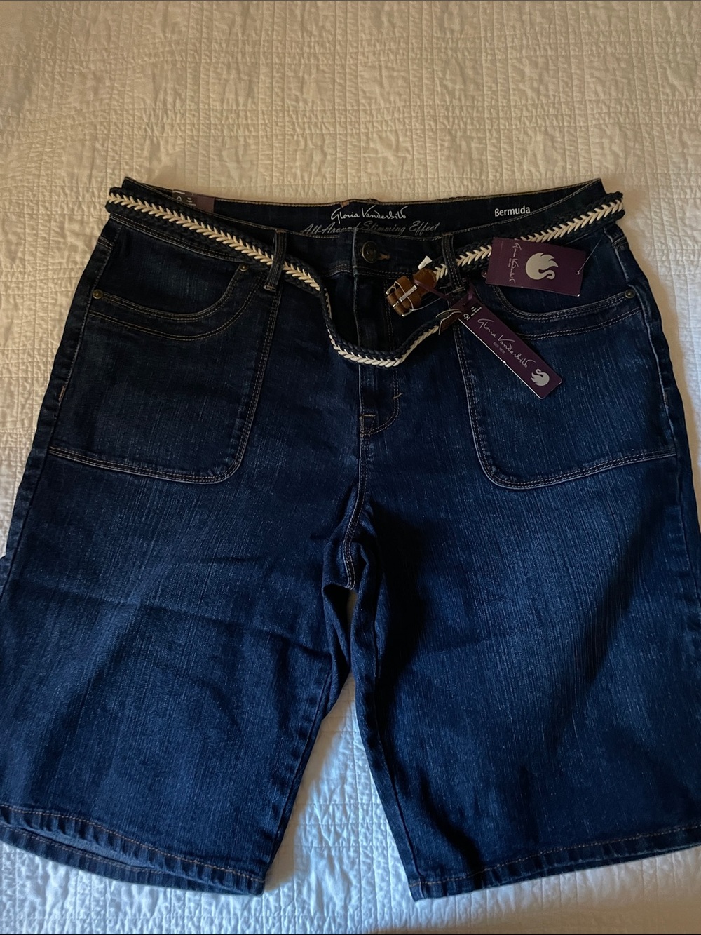 Gloria Vanderbilt Dark Indigo Bermuda Denim Shorts with Braided Belt